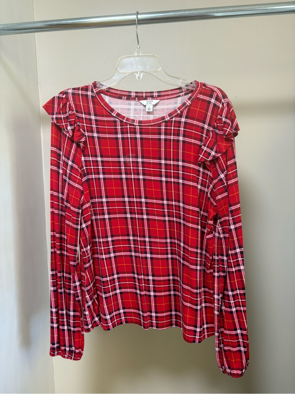 crown & ivy Red Plaid Ruffle-Shoulder Long Sleeve Top